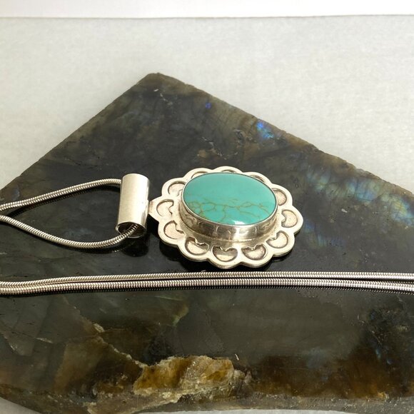 Sterling Silver 925 Mexico Large Oval Faux Turquoise Floral Pendant Necklace - Picture 16 of 16